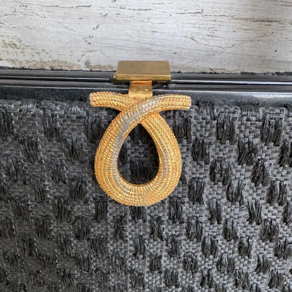 VTG Woven Fabric Framed Box Purse Handbag Small Black Gold Clasp 50s 60s Retro